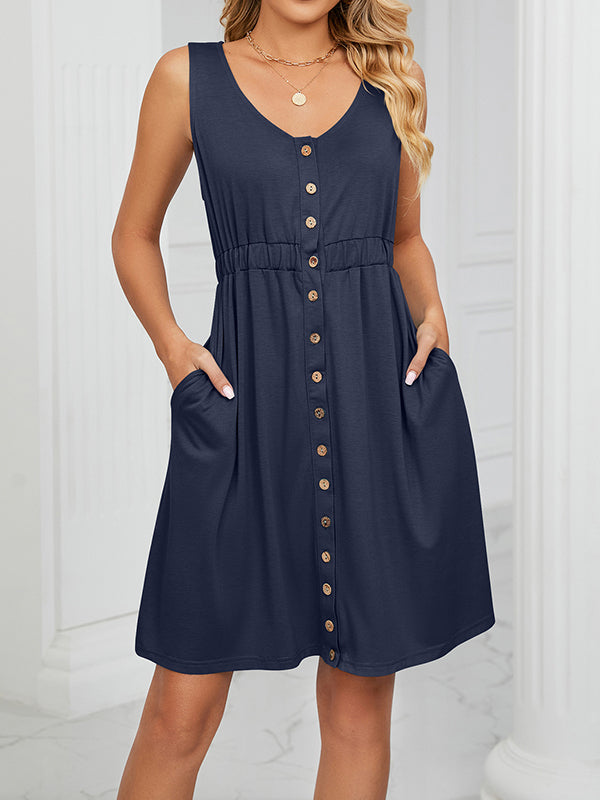 Buttoned Elasticity Pleated Pockets Split-Joint A-Line Loose Round-Neck Mini Dresses