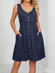 Buttoned Elasticity Pleated Pockets Split-Joint A-Line Loose Round-Neck Mini Dresses
