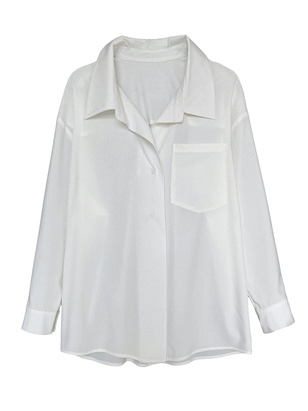Trendy Loose Buttoned Back Design Solid Color Lapel Blouses