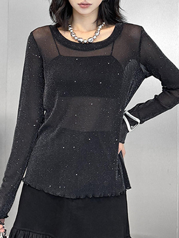 See-Through Shiny Long Sleeves Loose Round-Neck T-Shirts Tops