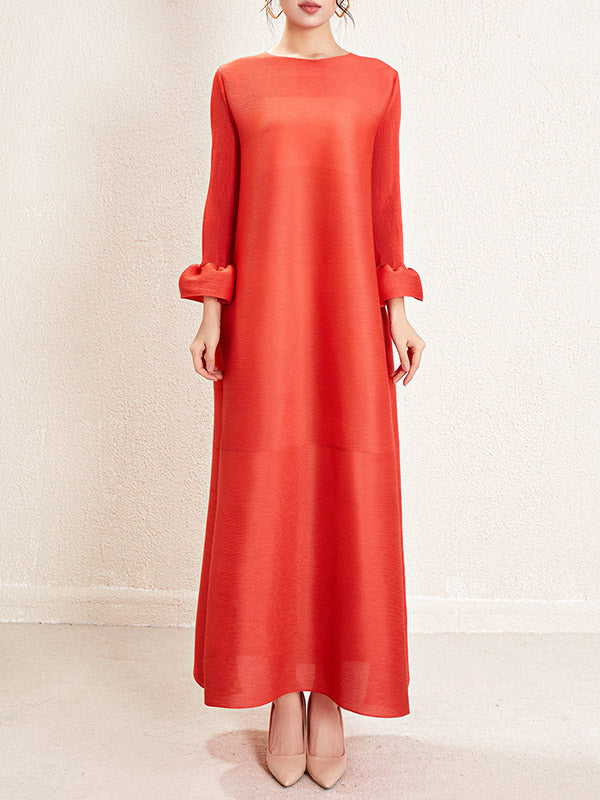 Pleated Solid Color A-Line Loose Round-Neck Maxi Dresses