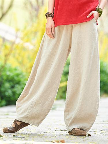 Beige&White Ramie Cotton Casual Linen Bloomers Pants