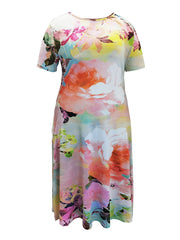 Floral Printed Short Sleeves Round-neck Midi Dresses