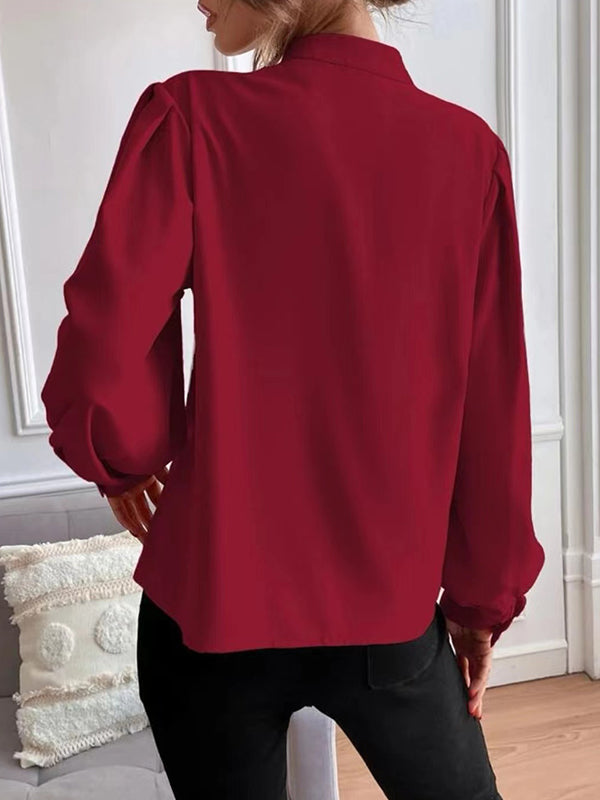 Pleated Solid Color Split-Joint Loose Puff Sleeves Stand Collar Blouses