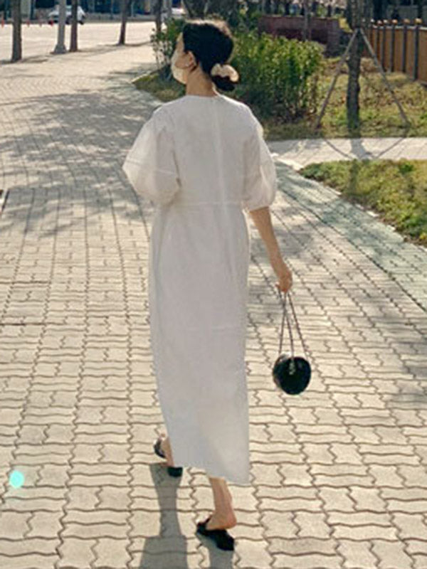 Casual Round-Neck Bishop Sleeve Loose Solid Color Midi Dress