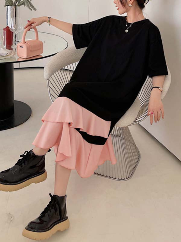 Casual Loose Short Sleeves Contrast Color Falbala Split-Joint Round-Neck Midi Dresses