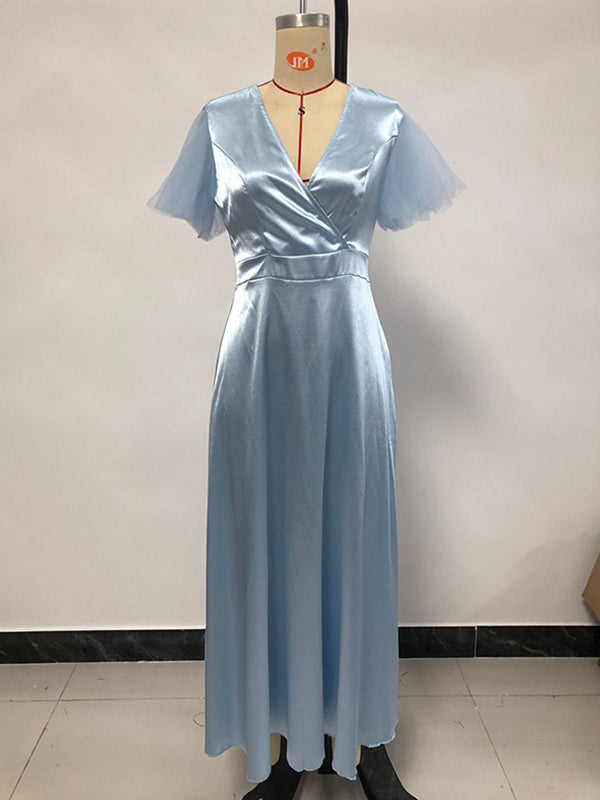 Gauze Solid Color Split-Joint A-Line High Waisted V-Neck Maxi Dresses