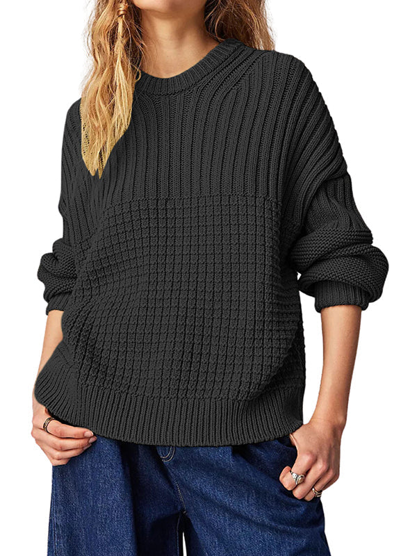 Solid Color Long Sleeves Loose Round-Neck Sweater Tops Pullovers
