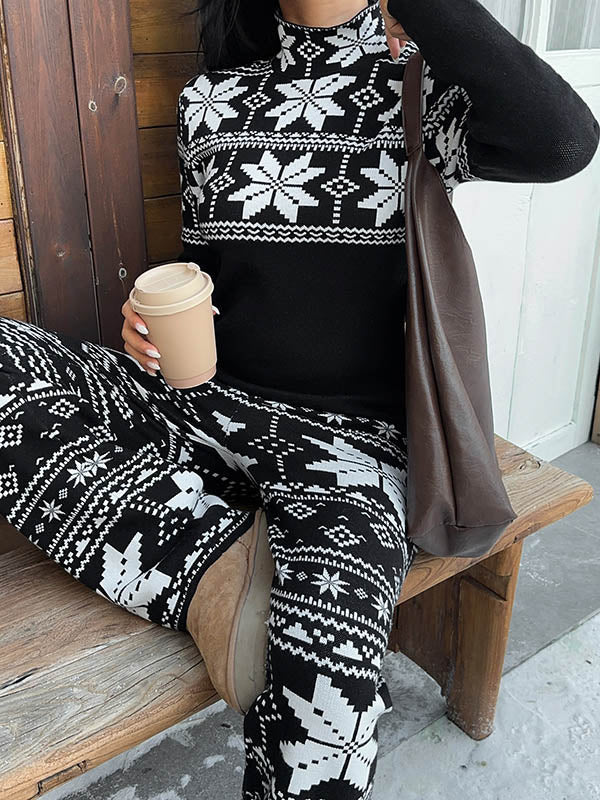 Loose Contrast Color Printed Split-Joint Striped  Long Sleeves Half Turtleneck Blouses&Shirts Tops + Wide Leg Pants Two Pieces Set