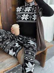 Loose Contrast Color Printed Split-Joint Striped  Long Sleeves Half Turtleneck Blouses&Shirts Tops + Wide Leg Pants Two Pieces Set