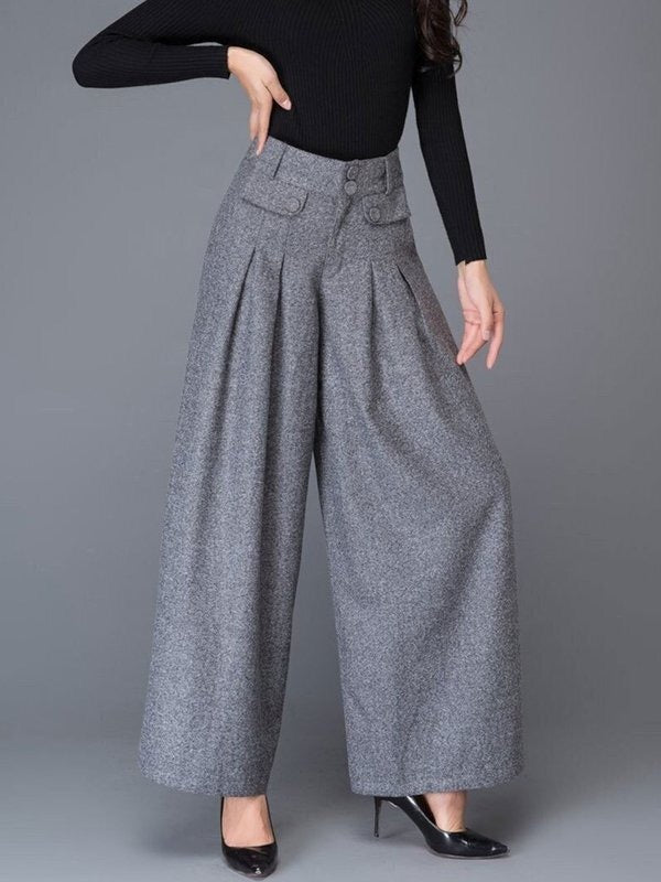 Buttoned No Belt Pleated Pockets Solid Color Split-Joint Loose Wide Leg Trousers Pants