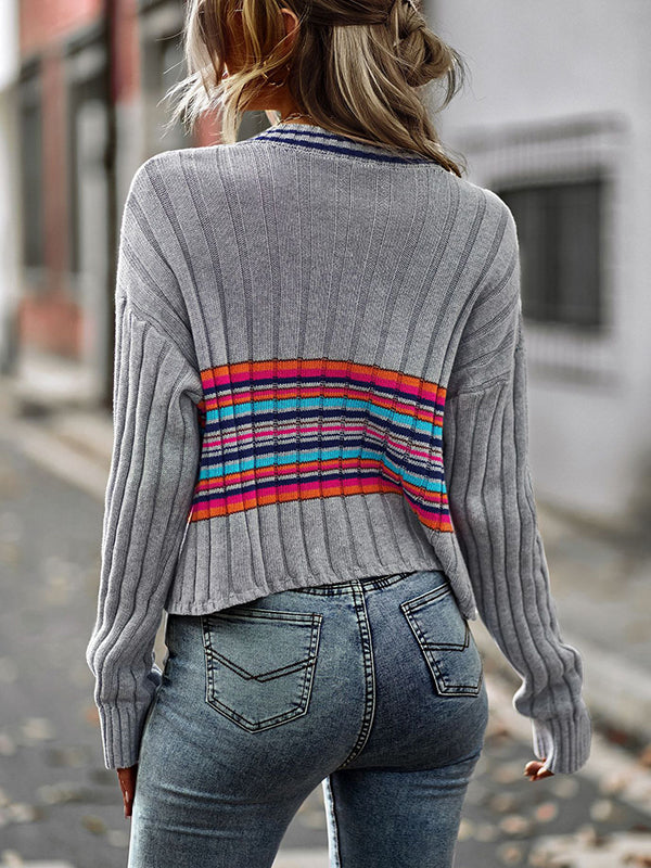 Casual Long Sleeves Striped V-Neck Sweater Tops
