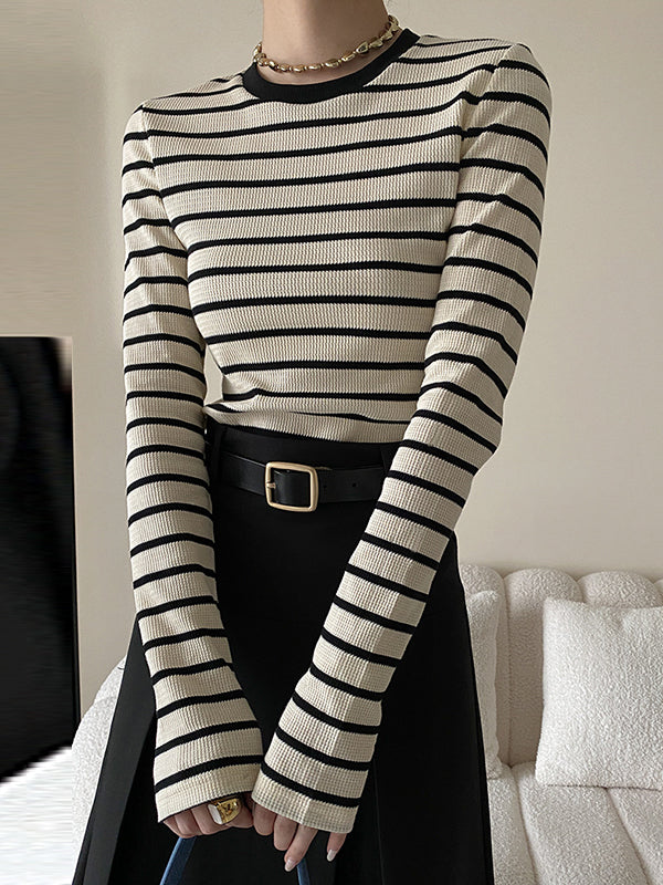 Contrast Color Striped Long Sleeves Skinny Round-Neck T-Shirts Tops