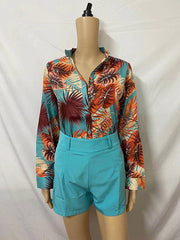 Flower Print Long Sleeves Buttoned  Deep V-Neck Shirts Top +Belted Shorts Bottom Two Pieces Set