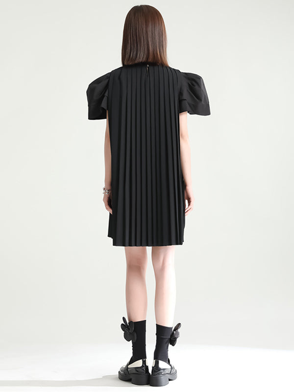 Urban Puff Sleeves Split-Joint Black Pleated Mini Dress