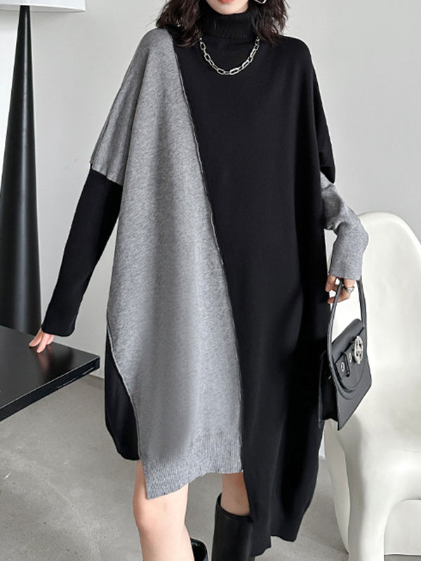 Asymmetric Contrast Color Split-Joint Batwing Sleeves Long Sleeves High Neck Sweater Dresses Midi Dresses