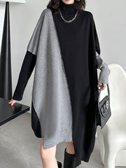 Asymmetric Contrast Color Split-Joint Batwing Sleeves Long Sleeves High Neck Sweater Dresses Midi Dresses