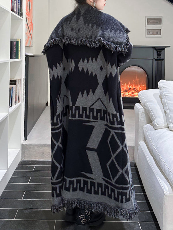 Contrast Color Tasseled Long Sleeves Loose Lapel Cardigan Coats