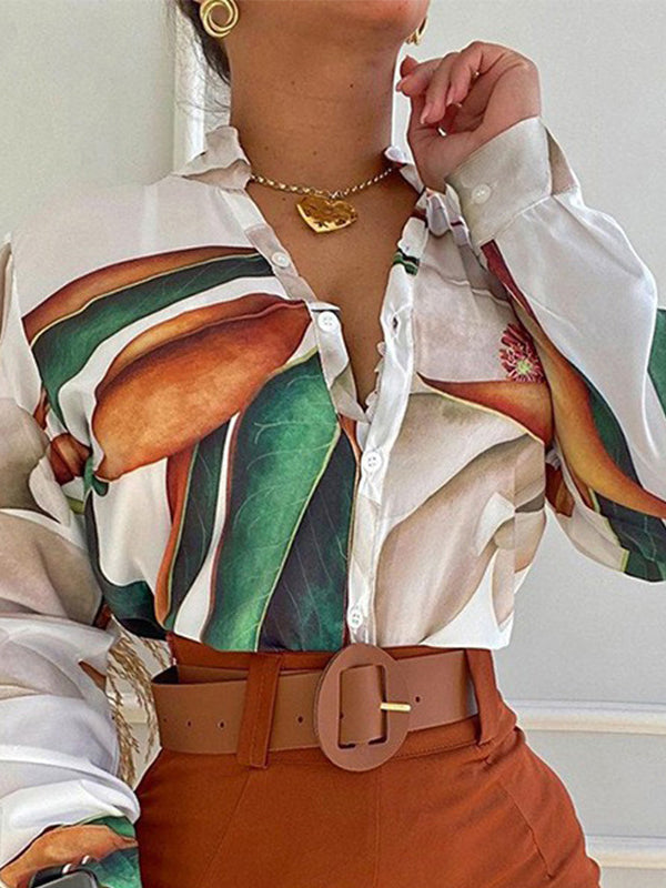 Print Long Sleeves Buttoned  Deep V-Neck Shirts Top +Belted Shorts Bottom Two Pieces Set