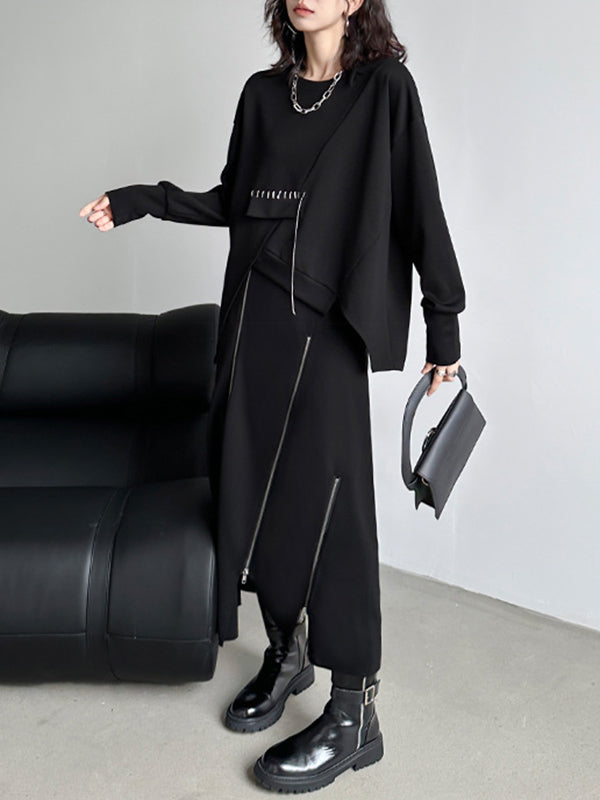 Asymmetric Long Sleeves Loose Round-Neck Sweatshirt Tops