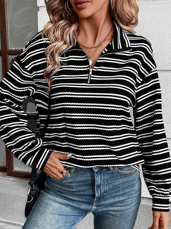 Contrast Color Striped Zipper Long Sleeves Loose Lapel Sweatshirt Tops