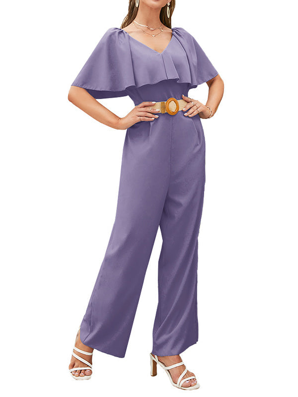 Solid Color Split-Joint High Waisted Ruffle Sleeves V-Neck Jumpsuits