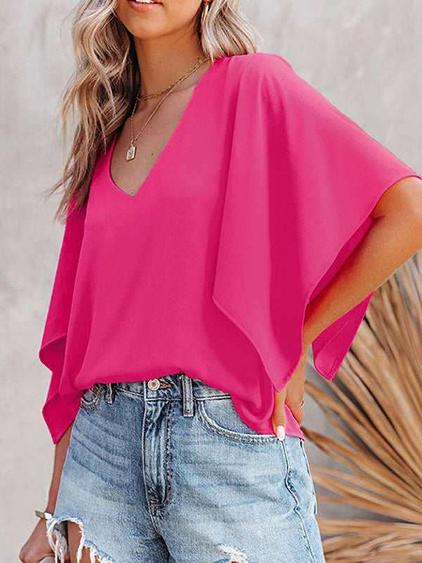 Falbala Solid Color Flared Sleeves V-Neck T-Shirts Tops