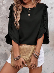 Ruffle Trim Solid Color Loose Three-Quarter Sleeves Round-Neck T-Shirts Tops