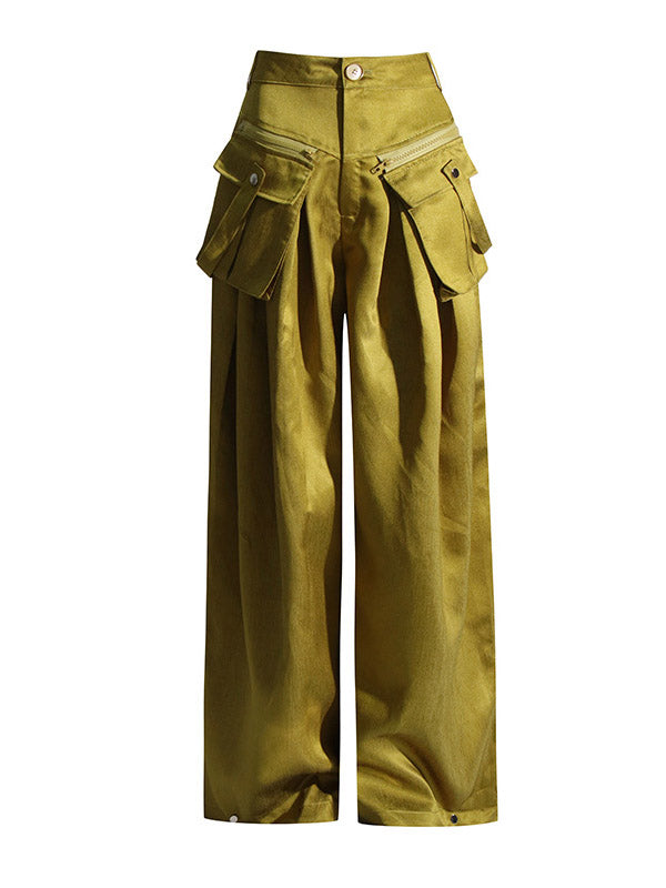 Pockets Solid Color Loose Wide Leg Trousers Casual Pants Bottoms