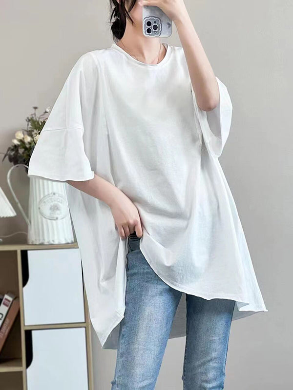 Asymmetric Solid Color Half Sleeves Loose Round-neck T-shirts