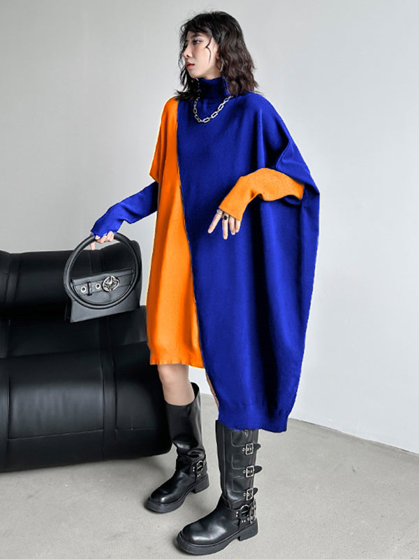 Asymmetric Contrast Color Split-Joint Batwing Sleeves Hipster High-neck Sweater Dresses Midi Dresses