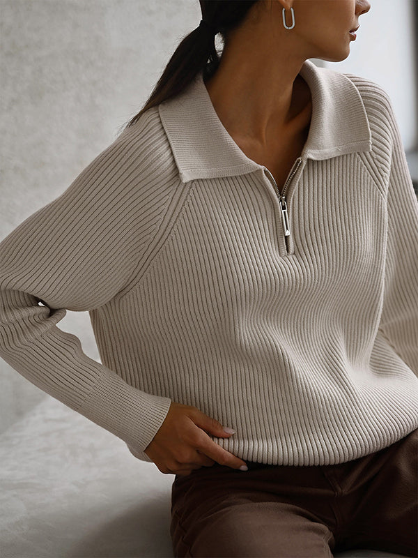 Solid Color Zipper Long Sleeves Loose Lapel Sweater Tops Pullovers