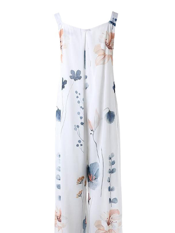 Buttoned Flower Print Pleated Pockets Split-Joint Loose Sleeveless Square-Neck Jumpsuits