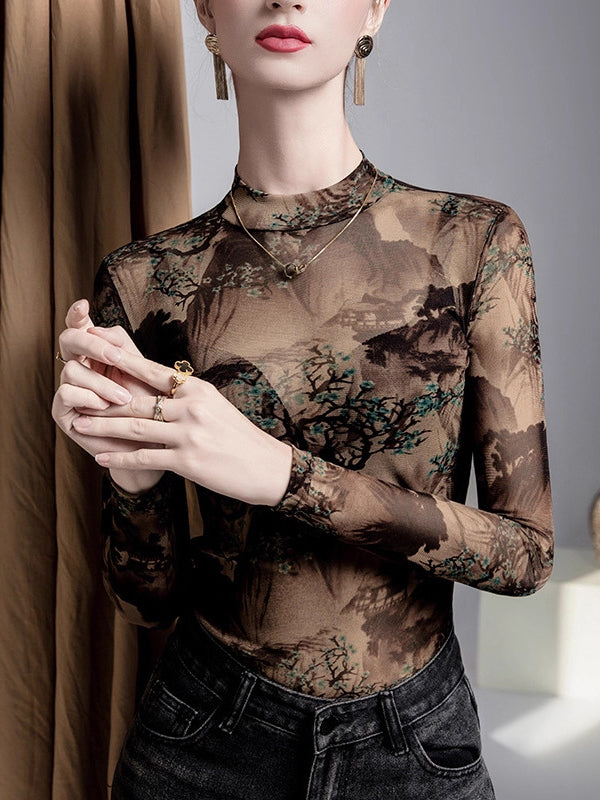 Asymmetric Mesh See-Through Split-Joint Long Sleeves Plus Size Round-Neck T-Shirts Tops