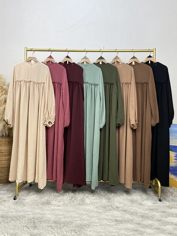 Elasticity Muslim Pleated Solid Color Split-Joint Tied Waist Bishop Sleeve Long Sleeves Round-Neck Maxi Dresses