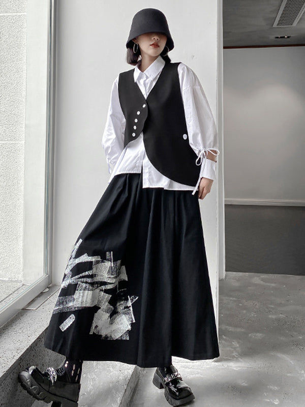 Original Loose Lace-Up Hollow Sleeve Blouse+Black Vest+Wide Leg Pants Culotte Three Pieces Set