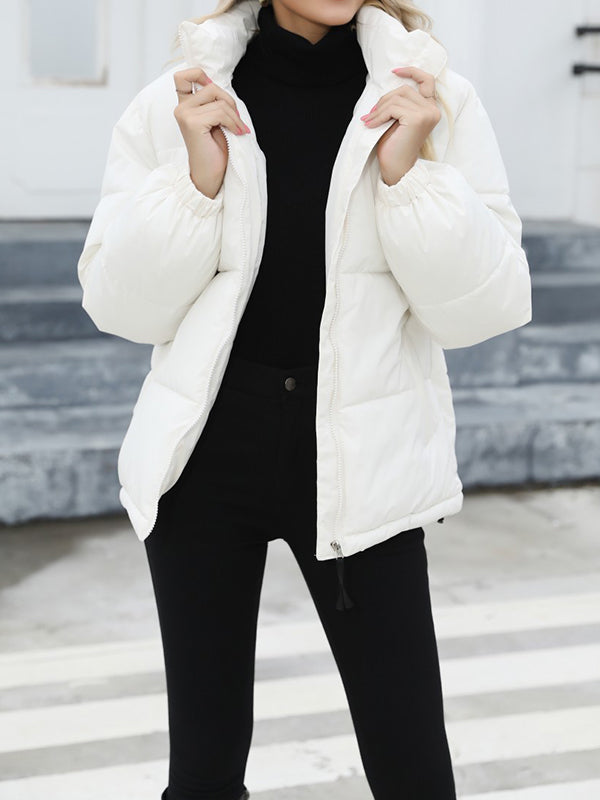 Keep Warm Quilted Solid Color Zipper Long Sleeves Loose High Neck Padded Coat