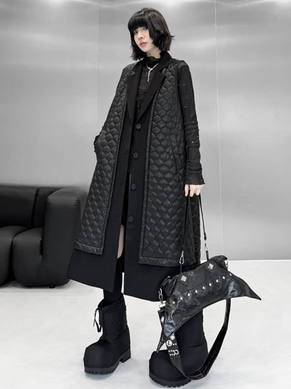 Buttoned Plaid Pockets Solid Color Split-Joint Loose Sleeveless Notched Collar Padded Vest Outerwear