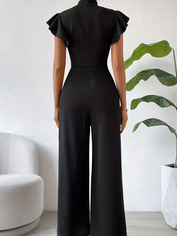 Pleated Ruffled Solid Color High Waisted Loose Mock Neck Jumpsuits