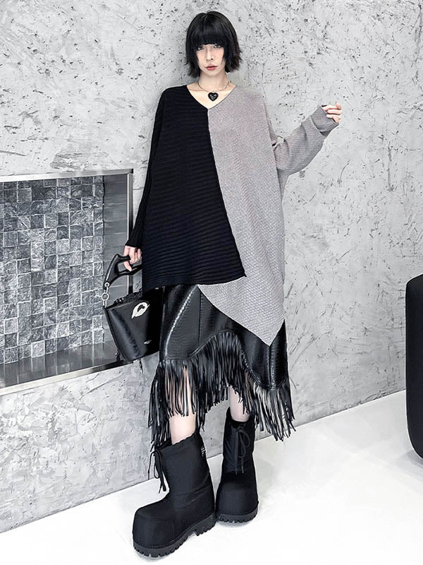 Asymmetric Contrast Color Split-Joint Textured Batwing Sleeves Irregularity V-Neck Sweater Tops