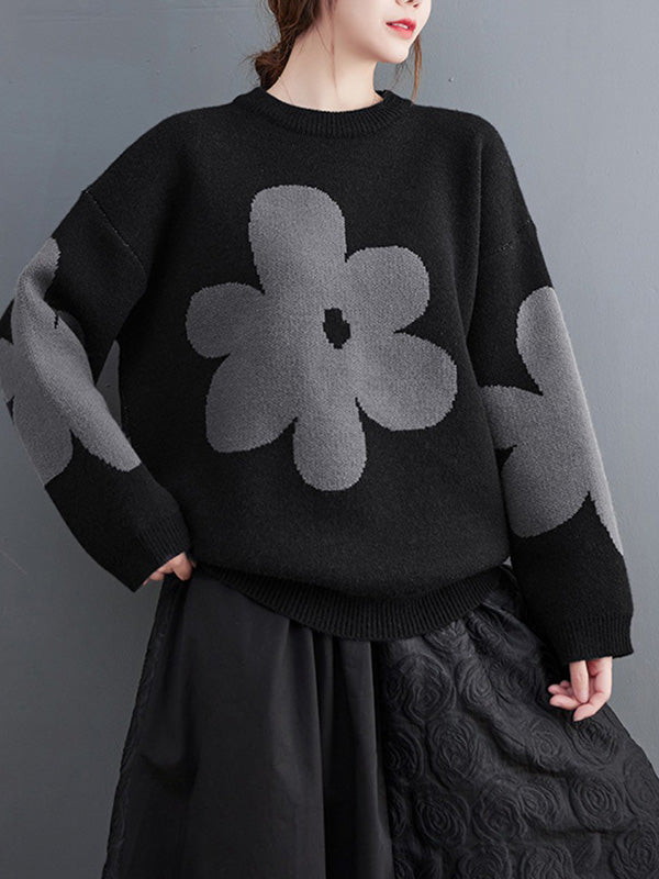 Casual Long Sleeves Loose Contrast Color Jacquard Round-Neck Pullovers