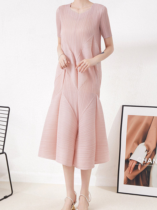 Pleated Solid Color High Waisted Loose Round-Neck Midi Dresses