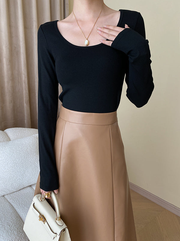 Solid Color Long Sleeves Skinny U-Neck T-Shirts Tops