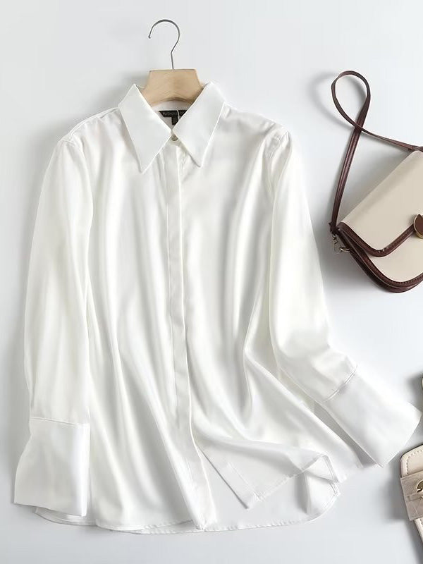 Casual Loose Long Sleeves Buttoned Solid Color Lapel Collar Blouses&Shirts Tops