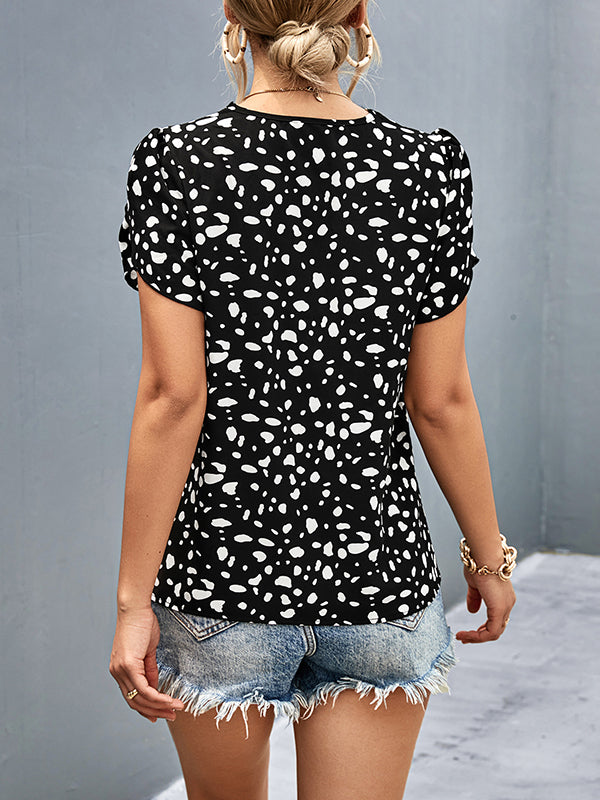 Printed Petal Sleeves Short Sleeves V-Neck T-Shirts Tops