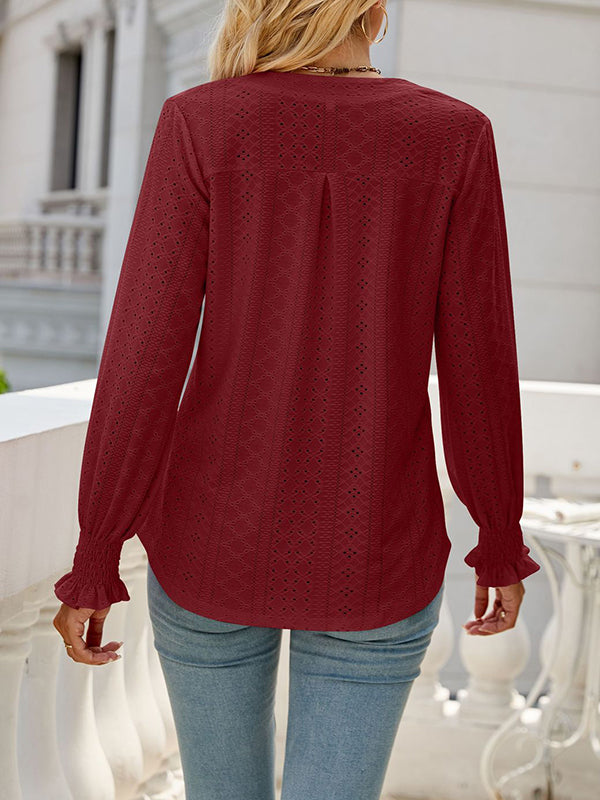 Elasticity Hollow Solid Color Long Sleeves Loose V-neck T-Shirts Tops