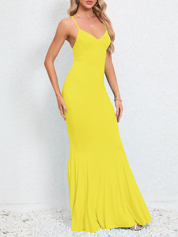 Solid Color Split-Joint Bodycon Mermaid Spaghetti-Neck Maxi Dresses