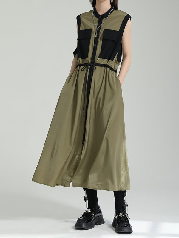 Contrast Color Drawstring Split-Joint Tied Waist Loose Sleeveless Round-Neck Midi Dresses