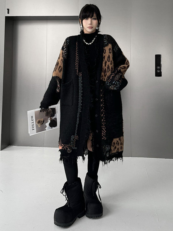 Asymmetric Buttoned Contrast Color Leopard Pockets Split-Joint Hipster Long Sleeves V-Neck Cardigan Tops