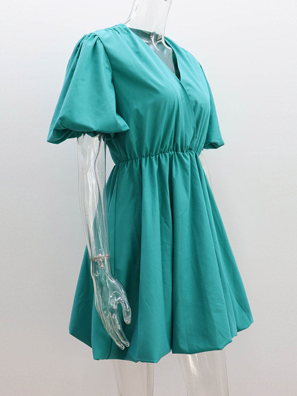 Solid Color Loose Puff Sleeves V-Neck Mini Dresses